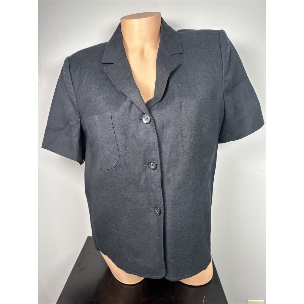 Tribal Size 14 Womens Blazer Top Button Short Sleeve Black Linen Blend Minimal